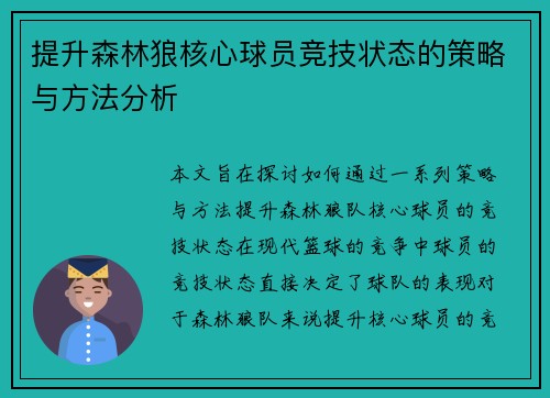 提升森林狼核心球员竞技状态的策略与方法分析
