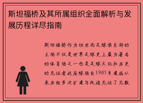 斯坦福桥及其所属组织全面解析与发展历程详尽指南 斯坦福桥及其所属组织全面解析与发展历程详尽指南