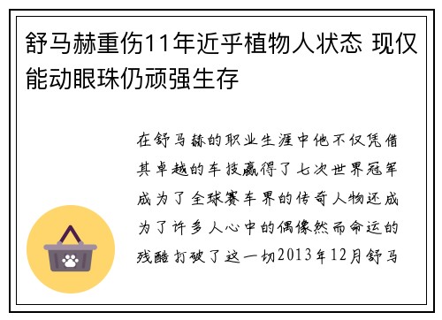 舒马赫重伤11年近乎植物人状态 现仅能动眼珠仍顽强生存 舒马赫重伤11年近乎植物人状态 现仅能动眼珠仍顽强生存
